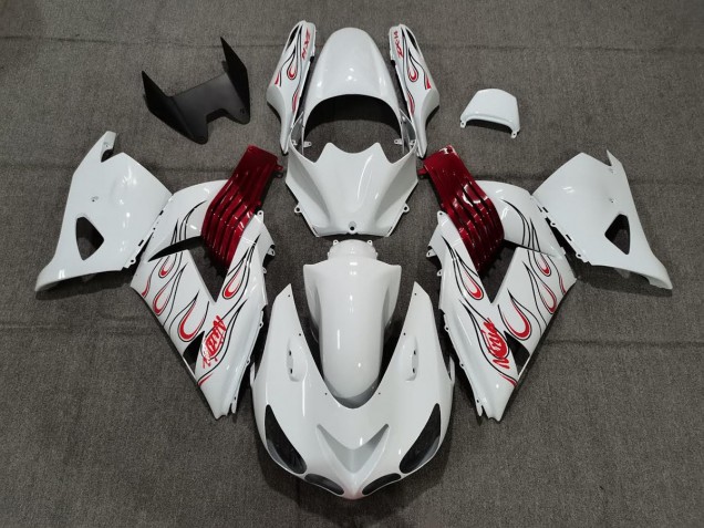 Weiß Rot Flamme 2006-2011 Kawasaki ZX14R Motorrad Verkleidungen Weiß Rot Flamme 2006-2011 Kawasaki ZX14R Motorrad Verkleidungen