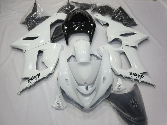 Glänzend Weiß Mit Schwarzem Heck 2005-2006 Kawasaki ZX6R Motorrad Verkleidungen Glänzend Weiß Mit Schwarzem Heck 2005-2006 Kawasaki ZX6R Motorrad Verkleidungen