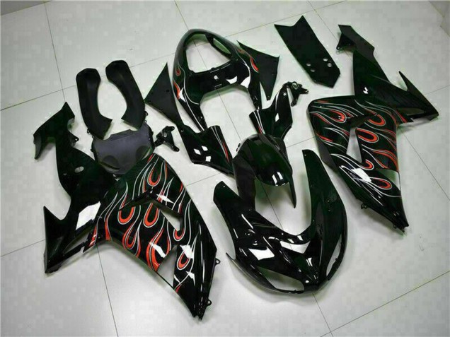 Kawasaki ZX10R Motorrad Verkleidung Kit 2006-2007 - Glanzendes Schwarz Rot Flamme