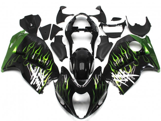 Suzuki GSXR 1300 Motorrad Verkleidung 1996-2007 - Glanzendes Schwarz mit Dunkel Grun Flamme