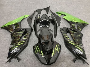 Kawasaki ZX6R Motorrad Verkleidung 2009-2012 - Glanzendes Schwarz Grun Flamme