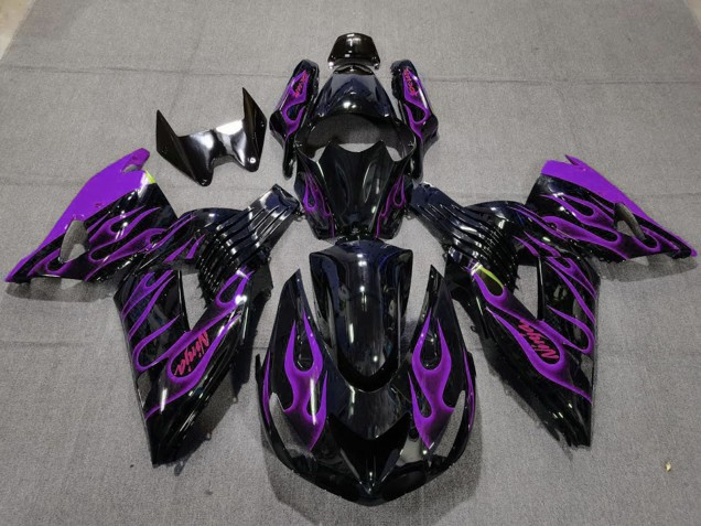 Kawasaki ZX14R Motorrad Verkleidung 2006-2011 - Glanzendes Schwarz Lila Flamme