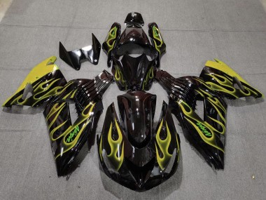 Kawasaki ZX14R Motorrad Verkleidung 2006-2011 - Glanzendes Schwarz Gelb Flamme