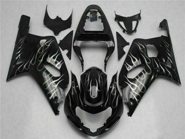 Suzuki GSXR 600/750 Motorrad Verkleidung 2001-2003 - Glanzendes Schwarz Silber Flamme