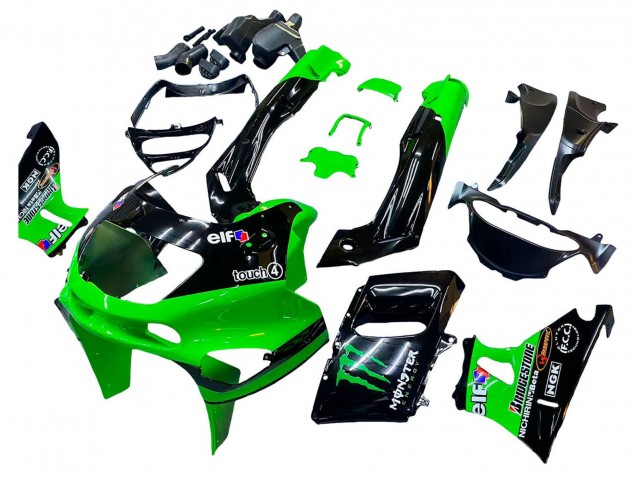 Kawasaki ZZR400 Motorrad Verkleidung 1993-2007 - Grun Glanzendes Schwarz Grun Monster Elf Touch4 Bridgestone