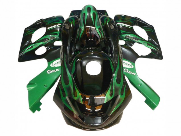 Yamaha YZF600R Thundercat Motorrad Verkleidung 1996-2007 - Schwarz mit Dunkel Gruner Flamme