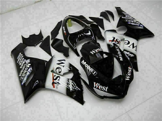 Kawasaki ZX6R Motorrad Verkleidung 2005-2006 - Glanzendes Schwarz Weiss West