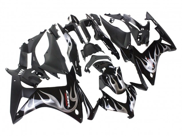 Honda CBR500R Motorrad Verkleidung 2013-2015 - Glanzendes Schwarz Silber Flamme