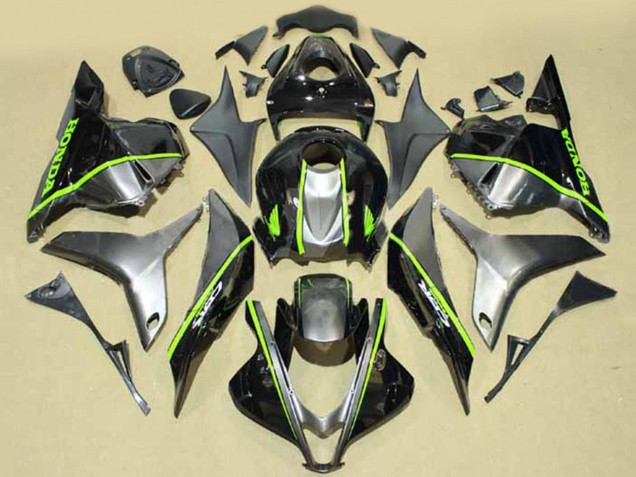 Honda CBR600RR Motorrad Verkleidung 2009-2012 - Silber Glanzendes Schwarz mit Fluoreszierendes Grun Linie