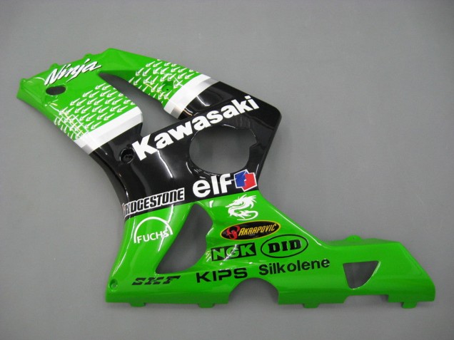 Kawasaki ZX6R Motorrad Verkleidung 2003-2004 - Grun Weiss Schwarz Elf Bridgestone