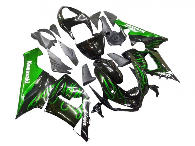 Kawasaki ZX6R Motorrad Verkleidung 2005-2006 - Glanzendes Schwarz Grun Flamme
