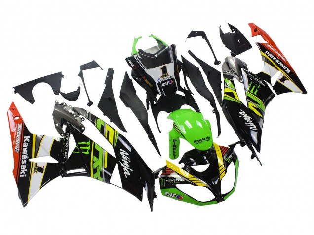 Kawasaki ZX6R Motorrad Verkleidung 2009-2012 - Grun Glanzendes Schwarz Gelb Weiss Rot Elf Monster