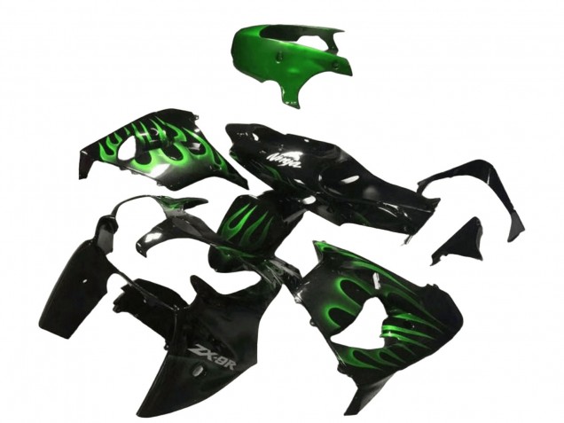 Kawasaki ZX9R Motorrad Verkleidung 2000-2001 - Glanzendes Schwarz Grun Flamme