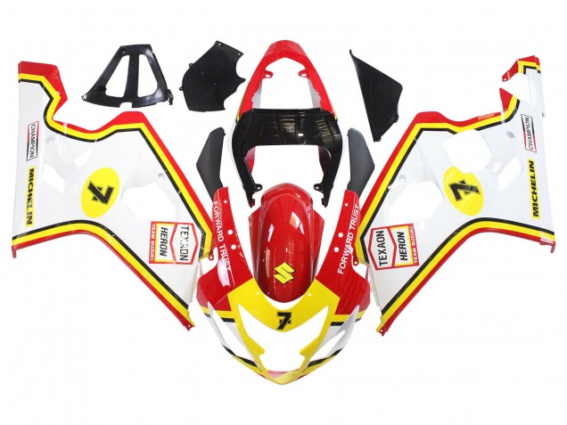 Suzuki GSXR 600 / GSXR 750 Motorrad Verkleidung 2004-2005 - Weiss Rot Gelb Michelin Texaon Heron 7