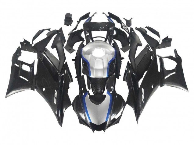 Yamaha YZF R3/R25 Motorrad Verkleidung 2022-2024 - Schwarzer Carbonfaser Stil Silberblau