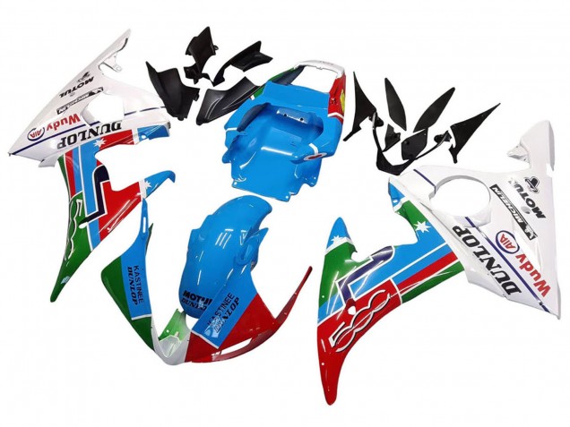 Yamaha YZF R6S Motorrad Verkleidung 2006-2009 - Weiss Blau Grun Rot Kastinee Dunlop Motul