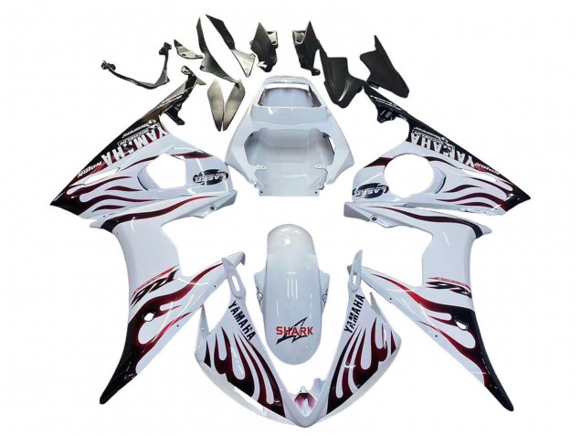 Yamaha YZF R6S Motorrad Verkleidung 2006-2009 - Weiss mit Dunkel Schwarz Flamme