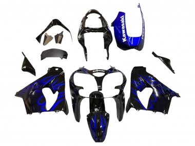 Kawasaki ZX9R Motorrad Verkleidung 2000-2001 - Glanzendes Schwarz Blau Flamme Weiss
