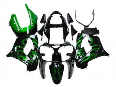 Kawasaki ZX9R Motorrad Verkleidung 2000-2001 - Glanzendes Schwarz Grun Flamme Weiss