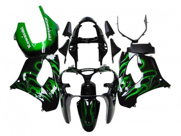 Kawasaki ZX9R Motorrad Verkleidung 2000-2001 - Glanzendes Schwarz Grun Flamme Weiss