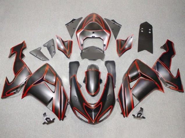 Kawasaki ZX10R Motorrad Verkleidung 2006-2007 - Matt Schwarz Rot PinStreifen