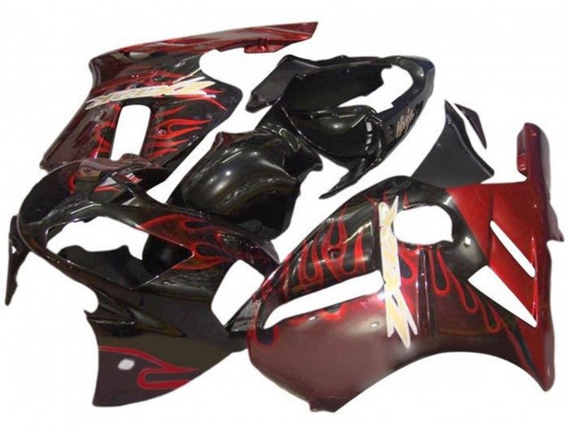 Kawasaki ZX12R Motorrad Verkleidung 2000-2001 - Glanzendes Schwarz Rot Flamme