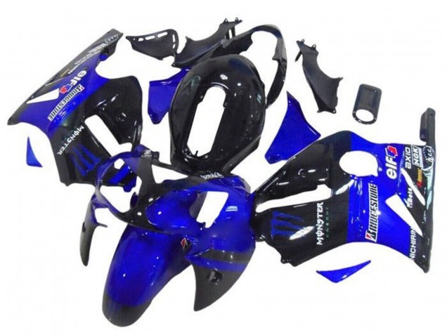 Kawasaki ZX12R Motorrad Verkleidung 2002-2006 - Blau Glanzendes Schwarz Elf Bridgestone Monster