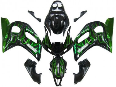 Yamaha YZF 600 R6 Motorrad Verkleidung 1998-2002 - Glanzendes Schwarz Grun Flamme