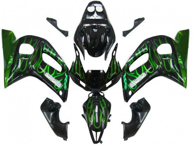 Yamaha YZF 600 R6 Motorrad Verkleidung 1998-2002 - Glanzendes Schwarz Grun Flamme