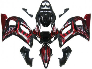 Yamaha YZF 600 R6 Motorrad Verkleidung 1998-2002 - Glanzendes Schwarz Rot Flamme