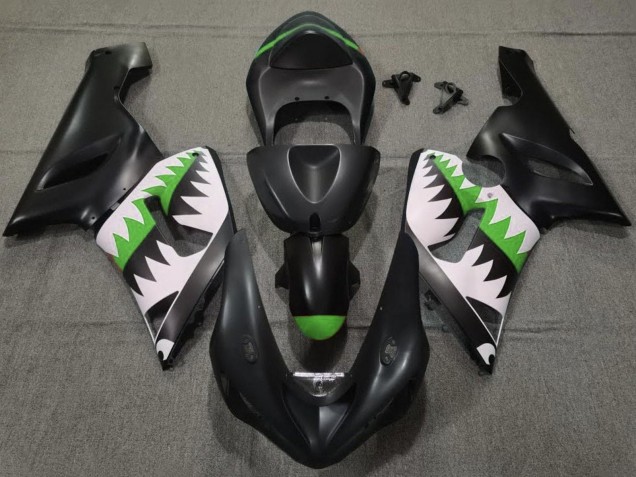 Kawasaki ZX6R Motorrad Verkleidung 2005-2006 - Matt Schwarz Weiss Grun Hai