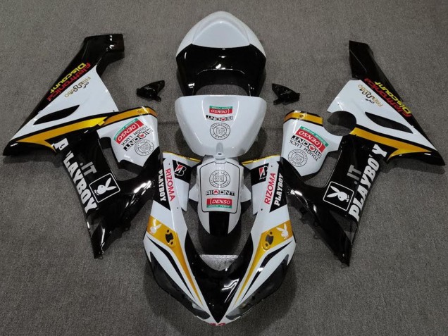 Kawasaki ZX6R Motorrad Verkleidung 2005-2006 - Weiss Schwarz Gold Rot Rizoma Playboy