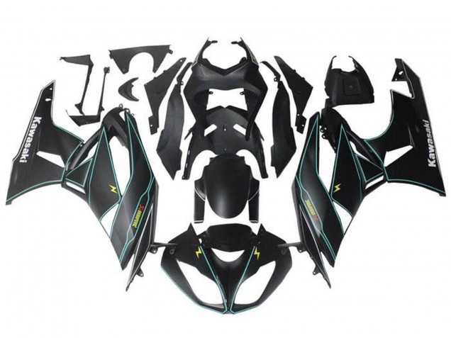 Kawasaki ZX6R Motorrad Verkleidung 2009-2012 - Matt Schwarz Blau Gelb Streifen