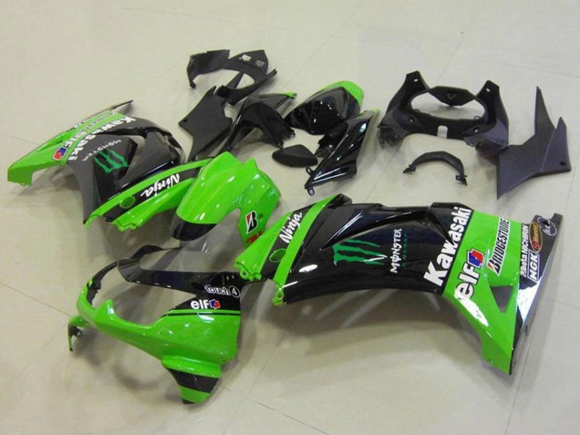 Kawasaki ZX250R Motorrad Verkleidung 2008-2012 - Grun Glanzendes Schwarz Elf Monster Bridgestone