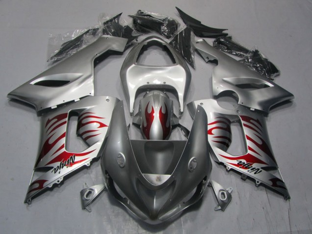 Kawasaki ZX6R Motorrad Verkleidung 2005-2006 - Silber Rot Flamme Ninja