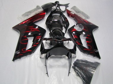 Kawasaki ZX6R Motorrad Verkleidung 2003-2004 - Glanzendes Schwarz Rot Flamme