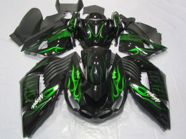 Kawasaki ZX14R ZZR1400 Motorrad Verkleidung 2006-2011 - Glanzendes Schwarz Grun Flamme