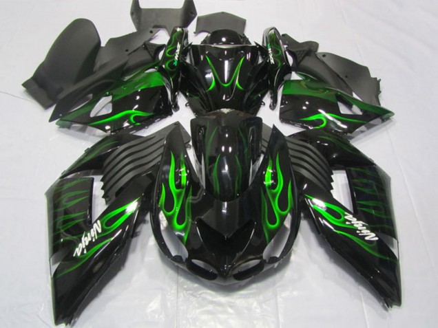 Kawasaki ZX14R ZZR1400 Motorrad Verkleidung 2006-2011 - Glanzendes Schwarz Grun Flamme