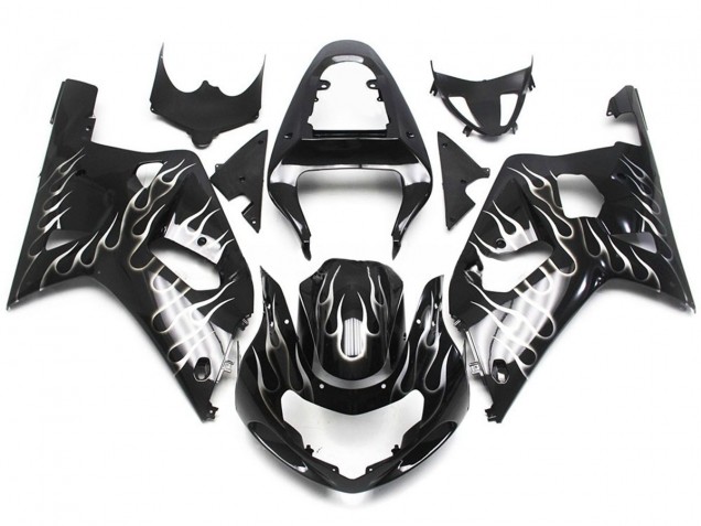 Schwarz & Glänzend Weiß Flamme 2001-2003 Suzuki GSXR 600-750 Motorrad Verkleidungen Schwarz & Glänzend Weiß Flamme 2001-2003 Suzuki GSXR 600-750 Motorrad Verkleidungen
