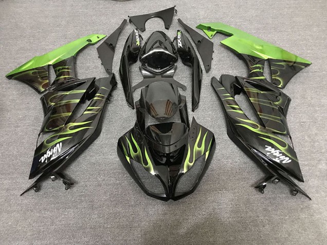 Schwarz Glänzend & Grün Flame 2009-2012 Kawasaki ZX6R Motorrad Verkleidungen Schwarz Glänzend & Grün Flame 2009-2012 Kawasaki ZX6R Motorrad Verkleidungen