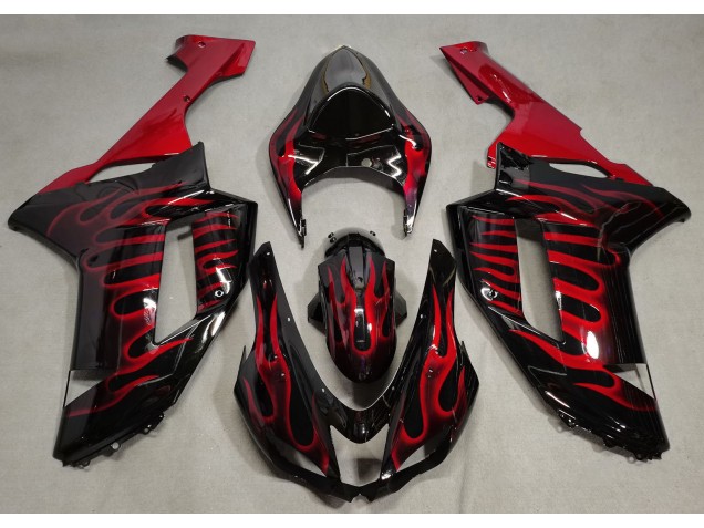 Schwarz Glänzend & Rot Flame 2007-2008 Kawasaki ZX6R Motorrad Verkleidungen Schwarz Glänzend & Rot Flame 2007-2008 Kawasaki ZX6R Motorrad Verkleidungen